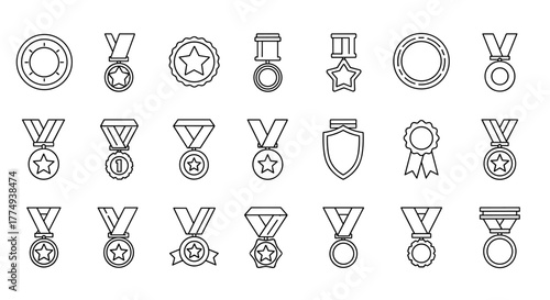 Collection of simple linear outline medal icons with editable stroke, perfect for web, books, cards, and apps, presented as vector cartoon illustrations on a white background, symbolizing achievement
