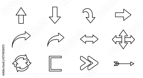 A diverse collection of outline arrow icons, perfect for graphic and web design, app interfaces, advertisements, and various cards. This vector cartoon illustration features a set of essential