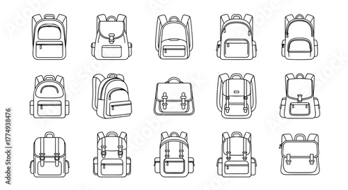 Collection of outline icons representing school bags, tracking backpacks, and hiking bags, featuring editable strokes, perfect for infographics, articles, books, flyers, and banners, presented in a