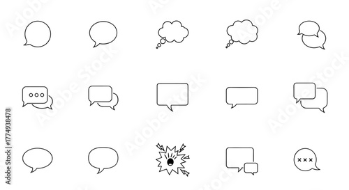 Set of minimalistic linear icons representing speech bubbles and thought bubbles, perfect for web design, graphic design, app interfaces, banners, social networks, and cards. This vector cartoon