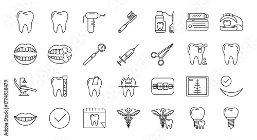 A comprehensive set of outline icons related to dentistry, featuring a linear icon collection with editable strokes. This vector illustration showcases an ordered line icon set on a white background