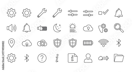 Collection of 30 thin line icons representing settings, tools, and digital functions, perfect for web, apps, and user interfaces. Includes icons for gears, wrenches, volume, bell, moon, sun, cloud