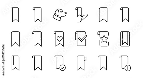 Set of minimalistic linear icons representing bookmarks, perfect for web and graphic design, apps, banners, social networks, and cards. This collection features a variety of bookmark styles including