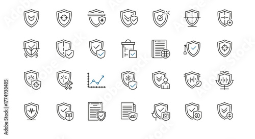 Shield and defense line icon set, minimalistic linear pictograms for web and graphic design, apps, banners, social networks, and cards, vector collection representing security, protection, insurance