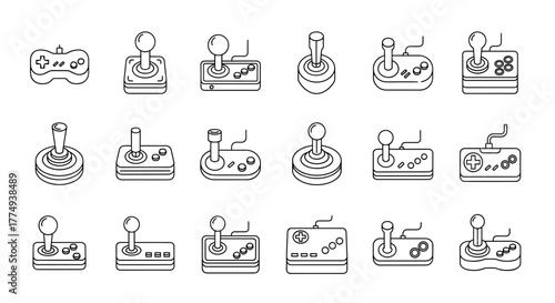 Set of minimalistic line icons representing various joysticks and game controllers, presented in a clean, editable stroke style. This collection features a variety of retro and modern designs