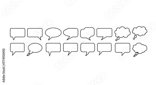 Collection of diverse rectangular and cloud-shaped speech bubbles and thought bubbles, presented as simple line icons on a clean white background, ideal for graphic design, app interfaces, and