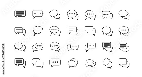 Minimalistic linear speech bubble icon set, perfect for web and graphic design, apps, banners, social networks, and cards. This vector cartoon illustration offers a clean and modern aesthetic for