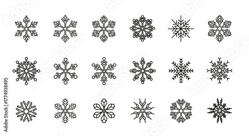 Collection of 18 unique, minimalistic, and elegant snowflake icons presented in a clean, linear style against a stark black background, perfect for winter-themed designs, holiday cards, app