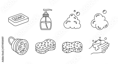Collection of minimalistic line art icons representing hygiene and cleanliness, including a bar of soap, liquid soap dispenser, lather, sponges, and a hand washing illustration, perfect for web