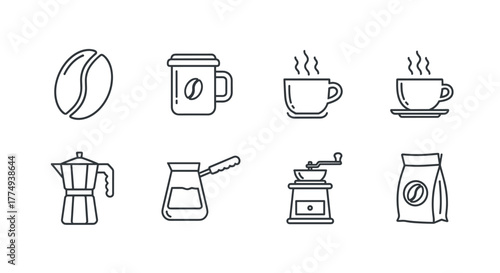 Collection of minimalist line art icons representing coffee culture, including a coffee bean, a takeaway cup, steaming mugs, a moka pot, a cezve, a coffee grinder, and a bag of beans, perfect for