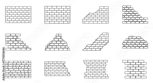 Collection of 12 Brick Wall Outline Illustrations: Editable Stroke Vector Graphics for Infographics, Articles, Books, Flyers, Banners, and Cartoon Style Designs. Diverse Textures and Damage