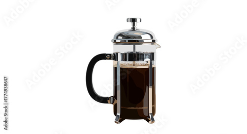 A classic glass French press coffee maker filled with dark, rich coffee, showcasing its elegant chrome and black design, perfect for brewing a morning cup or afternoon pick-me-up. Isolated on a black