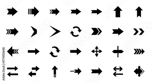 Set of black arrow icons and cursors, representing direction, movement, and navigation. This modern, simple collection includes various arrow shapes and styles, such as straight, curved, and pointing