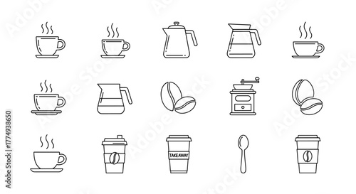 A collection of minimalistic white line icons representing coffee time, perfect for web and graphic design, apps, banners, social networks, and cards. This vector cartoon illustration includes coffee
