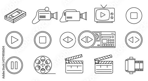 Collection of video tape-related line icons, featuring outline signs for graphic and web design, apps, adverts, and various cards. This vector cartoon illustration includes elements like play, pause