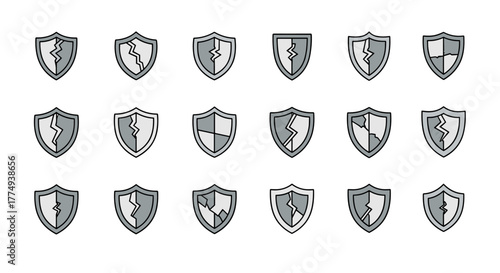 Collection of minimalistic cracked shield icons, representing security breach, vulnerability, and broken protection, suitable for web design, app interfaces, social media graphics, and informational