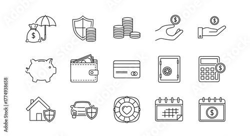 Collection of money and insurance-related line icons, including money under umbrella, shield, stacked coins, piggy bank, wallet, credit card, safe, calculator, and calendar, suitable for graphic and