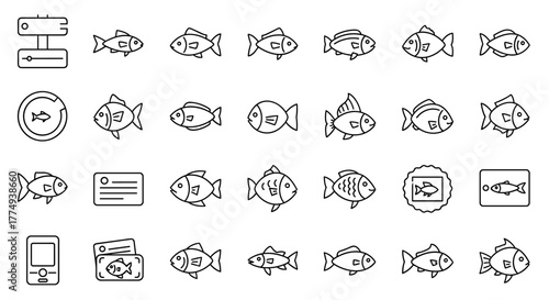 A diverse collection of fish line icons, presented in a clean outline style, perfect for graphic design, web development, app interfaces, advertising, and various card designs. This vector
