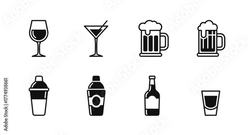Collection of eight minimalist line art icons representing alcoholic beverages and bar tools, including a wine glass, martini glass, two beer mugs, cocktail shaker, bottle, and shot glass, presented