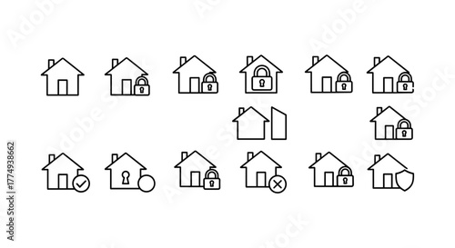 A minimalist and modern vector illustration featuring a house outline icon seamlessly integrated with a padlock icon, symbolizing security, home ownership, and safety. This clean, graphic design is