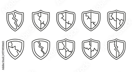 Collection of ten cracked shield line icons, representing vulnerability, damage, and broken security, suitable for web, books, cards, and apps, presented as a vector cartoon illustration on a clean