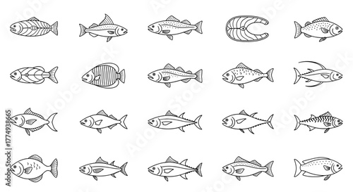 Collection of 20 diverse outline fish illustrations, including skeletal fish, salmon steaks, and various marine species, presented on a clean white background, perfect for graphic design, web
