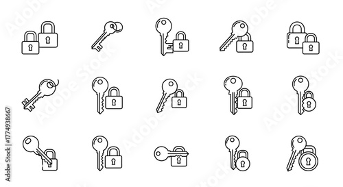 Set of 12 thin line icons representing keys and locks, perfect for web, books, cards, and apps. This vector cartoon illustration features a clean white background and a variety of lock and key