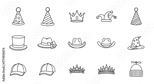 Collection of diverse headwear icons, including festive party hats, elegant crowns, classic top hats, cowboy hats, fedoras, jester hats, baseball caps, and a whimsical witch hat, all rendered in a