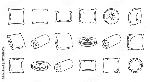Collection of outline vector illustrations of pillows and cushions in various shapes and orientations, including square, rectangular, round, and cylindrical, perfect for infographics, articles
