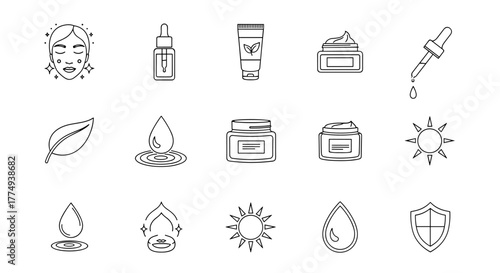 Collection of outline icons representing skincare and beauty products, including a glowing face, serum dropper, leaf, water drops, sun, and shield, perfect for graphic and web design, apps, adverts