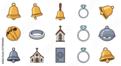 Collection of cartoon vector icons representing wedding rings, bells, and churches, perfect for use in infographics, articles, books, flyers, and banners, with editable strokes and a clean, modern