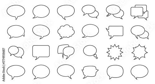 A comprehensive collection of outline speech bubble vector graphics, featuring diverse shapes like circles, squares, and cloud-like forms, ideal for graphic design, web development, app interfaces