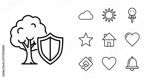 A modern outline style vector illustration featuring a tree next to a shield, symbolizing protection and nature, set against a clean white background. This versatile icon is perfect for design