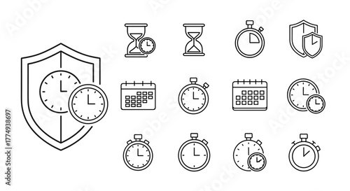 Collection of minimalistic time-related icons and pictograms, including hourglasses, stopwatches, calendars, and shields with clocks, presented in a clean white outline style on a black background