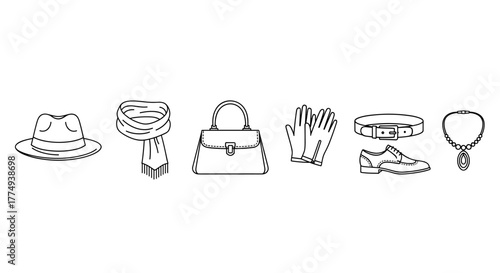 Outline icon set of fashion accessories for custom garments, including a hat, scarf, handbag, gloves, belt, shoes, and jewelry, presented in a clean, minimalist vector graphic style, perfect for