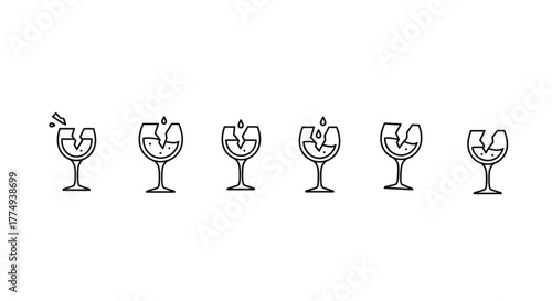 A minimalist linear icon set depicting a broken wine glass, with subtle variations showing liquid spilling and cracks, representing fragility, accidents, or the end of a celebration, perfect for web