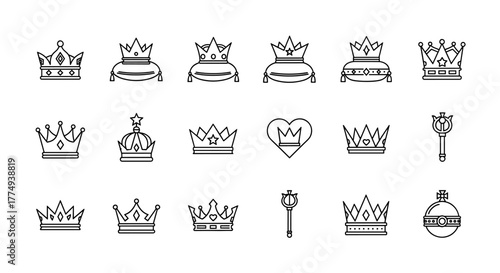 Collection of 16 unique crown and royal scepter line icons, presented in a clean, modern outline style. These versatile vector graphics are perfect for graphic design, web design, app development