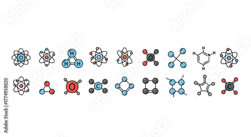 Collection of simple flat cartoon illustrations representing chemical compounds, atoms, and molecules against a black background, showcasing various atomic structures with labels like H, O, and C