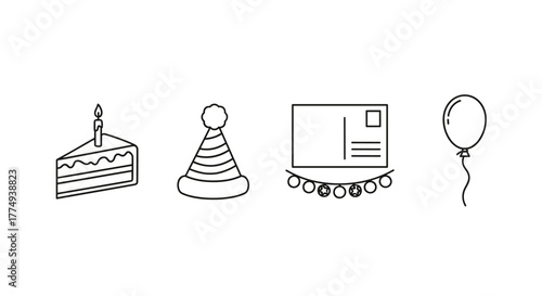A collection of thin line icons suitable for web sites, books, cards, and apps, featuring a slice of cake with a lit candle, a festive holiday hat, a postcard with a garland of circular ornaments