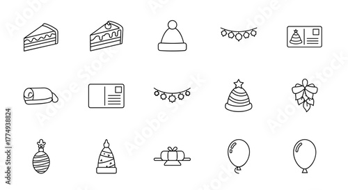 Collection of simple linear outline icons for holiday celebrations, featuring slices of cake, festive hats, postcards with Christmas trees, garlands, gift boxes, and balloons, all with editable