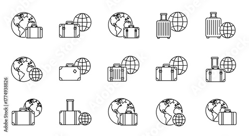 Collection of outline icons representing travel and business, featuring suitcases and globes, ideal for graphic design, web development, app interfaces, advertisements, and various card designs