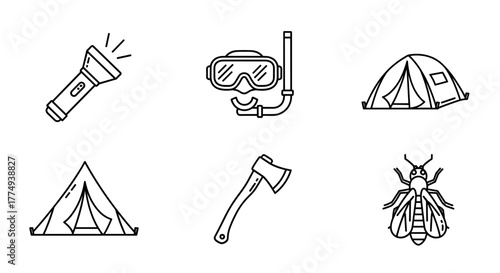 Modern Line Icon Bundle for Camping and Outdoor Activities: A Collection of Sleek, Minimalist Graphics Featuring a Flashlight, Diving Mask, Tent, Axe, and Insect, Perfect for Web Design, Apps, and