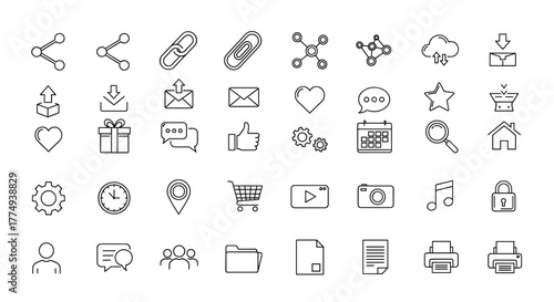 Collection of outline icons representing sharing, linking, and communication, including social media symbols, mail, chat bubbles, hearts, gifts, and gears, suitable for web design, app interfaces