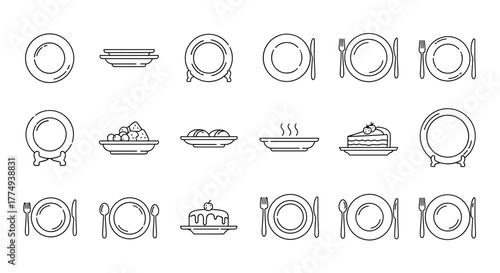 A collection of minimalistic linear pictograms representing plates and dining settings, ideal for web and graphic design, apps, banners, social networks, and cards. This vector cartoon illustration