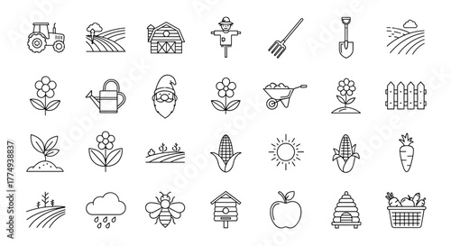 A comprehensive collection of outline icons representing field, farm, and garden elements, perfect for apps, websites, banners, and infographics, featuring a tractor, barn, scarecrow, watering can