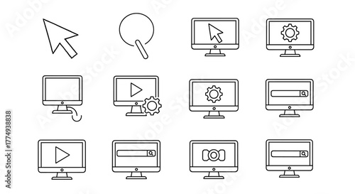 A comprehensive bundle of computer and monitor line icons, featuring a cursor and pointer outline, perfect for graphic and web design, apps, adverts, and various cards, presented as vector cartoon