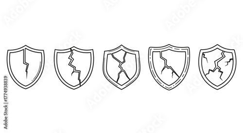 Set of five cracked shield outline symbols, representing broken security, vulnerability, or failed protection. These versatile vector graphics are ideal for use in designs, books, advertisements, and