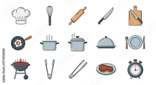 A vibrant collection of cooking icons, featuring a chef's hat, whisk, rolling pin, knives, cutting board, frying pan with egg, pots, serving dome, plate with cutlery, barbecue grill, tongs, steak