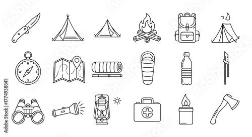 Camping line icon collection featuring a folding knife, tents, campfire, backpack, compass, map, sleeping bag, water bottle, and first aid kit, perfect for graphic and web design, apps, adverts, and