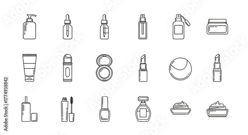 A collection of cosmetic and beauty product outline icons, including various bottles, jars, lipsticks, and applicators, presented in a clean, linear style on a white background, perfect for graphic